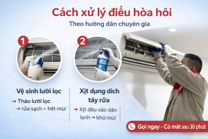 Hình ảnh thực tế thợ đang xử lý tình trạng điều hòa có mùi hôi