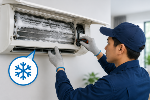 Hình ảnh thợ đang kiểm tra điều hòa bị đóng tuyết