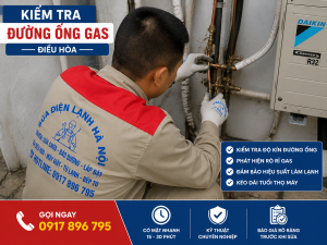 Hình ảnh thực tế kỹ thuật kiểm tra đường ống gas điều hòa tại nhà khách hàng ở Hà Nội