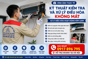 Hình ảnh thực tế kỹ thuật kiểm tra và xử lý điều hòa hoạt động kém lạnh tại nhà khách hàng ở Hà Nội.