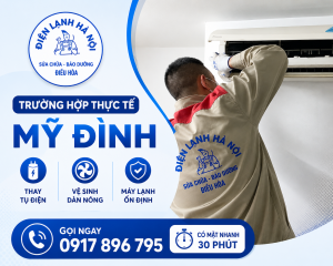 Hình ảnh thực tế kỹ thuật viên kiểm tra điều hòa Daikin không mát tại Mỹ Đình, nguyên nhân được xác định do tụ quạt dàn nóng suy yếu chứ không phải thiếu gas.